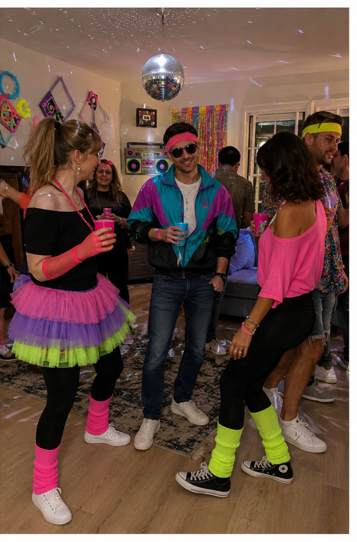 Jaren 80-feest met neon kleding en discobal